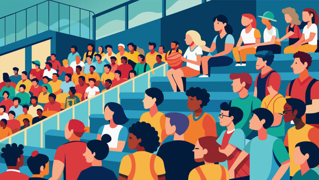 The bleachers are packed with parents and fellow students cheering on the varsity basketball team as they run drills and scrimmage against each other.. Vector illustration