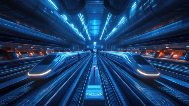 A futuristic railway terminal with high-speed trains lined up on parallel tracks, ready for departure.