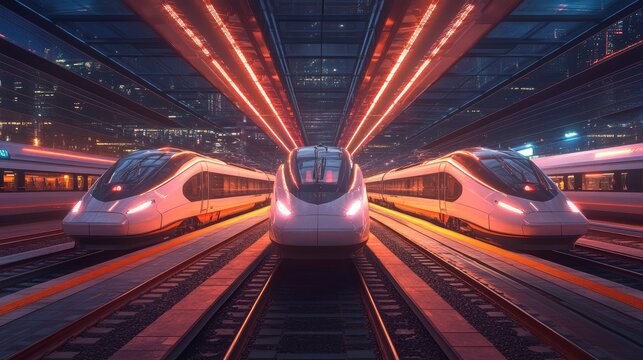A futuristic railway terminal with high-speed trains lined up on parallel tracks, ready for departure.