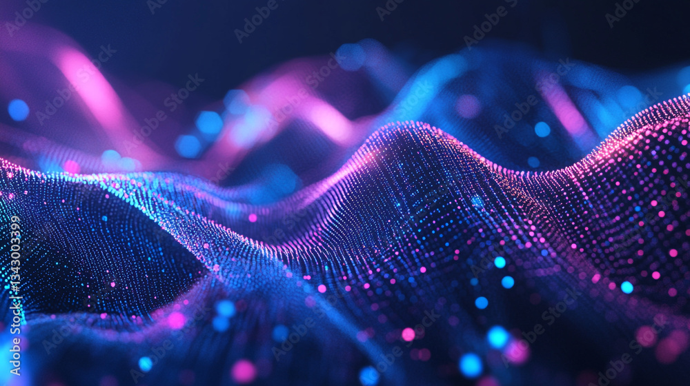 Poster abstract blue and purple glowing wave with bokeh lights, blue gradient and glowing dots in the form 
