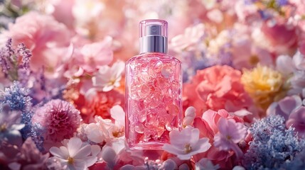 A delicate cosmetic bottle, adorned with shimmering petals, nestled amidst a cascade of vibrant flowers, symbolizing natural beauty and the power of self-care.