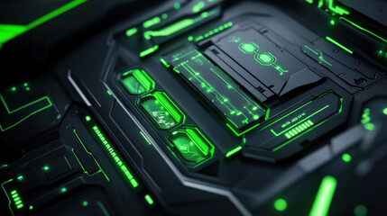Fototapeta premium A futuristic digital interface panel, glowing green pathways, sleek metal plating