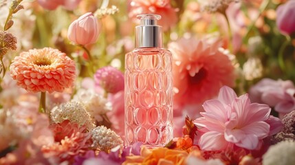 A delicate cosmetic bottle, adorned with shimmering petals, nestled amidst a cascade of vibrant flowers, symbolizing natural beauty and the power of self-care.