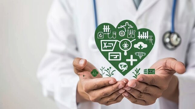 Male doctor holding healthcare icons for health insurance concept in hospital setting