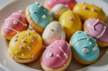 Obraz premium happy Easter. colorful Easter cookies in the shape of eggs on a gray background. home cooking. beautifully decorated pastries. view from above
