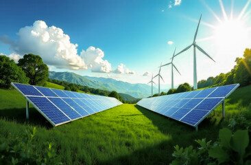 Climate Day. Solar panels under a bright blue sky surrounded by green meadows, wind turbines and lots of greenery in the background, clean energy. eco-friendly consumption of earth's resources.