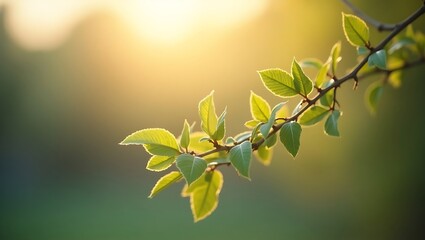 A branch with fresh green leaves is illuminated by warm sunlight against a soft, blurred green backdrop