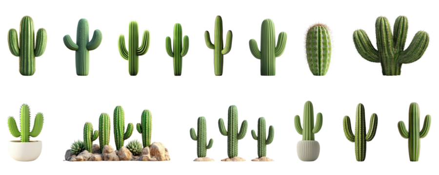 Cactus varieties, saguaro, desert plants, botanical illustration, green cacti, prickly pear, succulent species, southwestern flora, detailed plant drawings, no background, scientific illustration