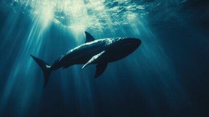 Fototapeta premium A sleek, streamlined megalodon shark swimming gracefully in deep blue waters, contrasting with a chunky silhouette in the background.