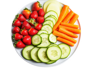 Fresh Vegetable Platter with Vibrant Colors, Strawberries, Cucumbers, Carrots, and Bell Peppers on White Ceramic Plate PNG file isolated on transparent background ,cut out, clipping path, close up, hi