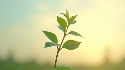 Fototapeta premium A young plant with bright green leaves stands out against a soft, blurred background with a warm gradient