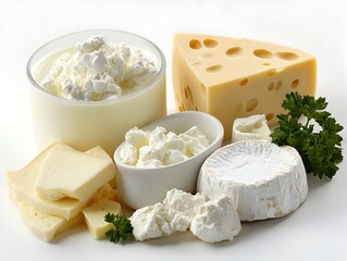 A delicious assortment of creamy cheeses and fresh dairy products is presented on a pristine white background for food photography.