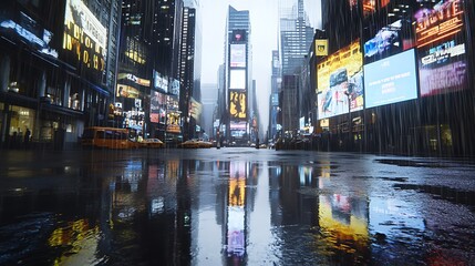 Futuristic city skyline gleams with holographic ads, neon reflections in rain, cyberpunk text zone © Tharusha