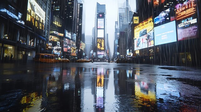 Futuristic city skyline gleams with holographic ads, neon reflections in rain, cyberpunk text zone