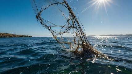 Fototapeta premium Fishing Net Floating in Ocean Water Under Bright Sunlight on Sunny Day
