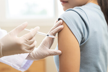 Health care, corona virus, hand of woman nurse, doctor giving syringe vaccine, injection dose on...