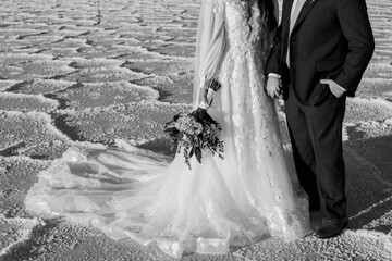 Black and white detail body shot of Bride and Groom on salt flats