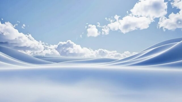 A serene landscape with rolling white hills under a bright blue sky filled with fluffy clouds