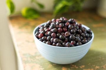 Bowl of fresh picked wild serviceberries on wood surface