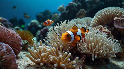 Obraz premium Clownfish Swimming in Anemone Habitat Underwater Reef Scene Close Up