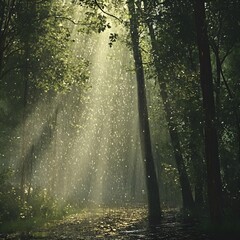 Obraz premium A forest with a light rain falling