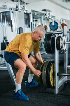 Bald muscular man organizing weight plates in the gym