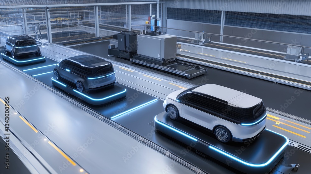 Poster a high-tech car assembly line using robotic automation to construct next-generation electric and sel