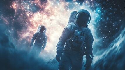 Two astronauts explore a surreal alien landscape under a vibrant nebula in deep space du a perilous mission.