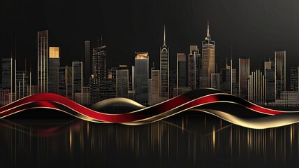 Sleek contemporary banner featuring a stylized red and gold city skyline glowing at night, perfect for luxury branding, festive events, or modern urban design themes.
