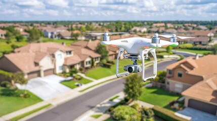 Fototapeta premium A high-tech delivery drone hovering over a suburban neighborhood, preparing to land with a parcel.