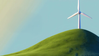 Fototapeta premium Environmental, Social, and Governance concept. Wind turbine atop a green hill against a clear blue sky.
