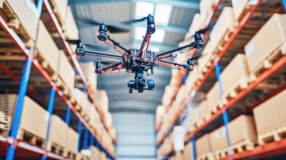 Poster a high-tech drone hovering over a warehouse, scanning barcodes for automated sorting.