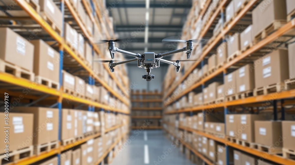 Poster a high-tech drone hovering over a warehouse, scanning barcodes for automated sorting.