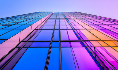 Modern skyscraper with colorful glass facade reflecting the sky at sunset in an urban setting