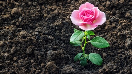 Pink rose growing in the dark soil, it has green leaves. Symbolizes growth, resilience, and beauty emerging from darkness.