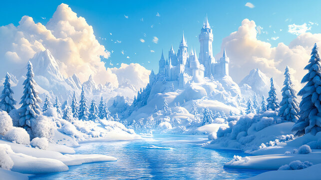 Snowy landscape with ice castle vector simple 3d isolated illustration