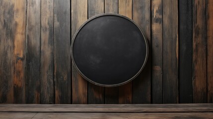 large blank dark gray chalkboard sign, affixed to a weathered, dark brown vertical wood plank wall with visible wood grain and slightly varying tones