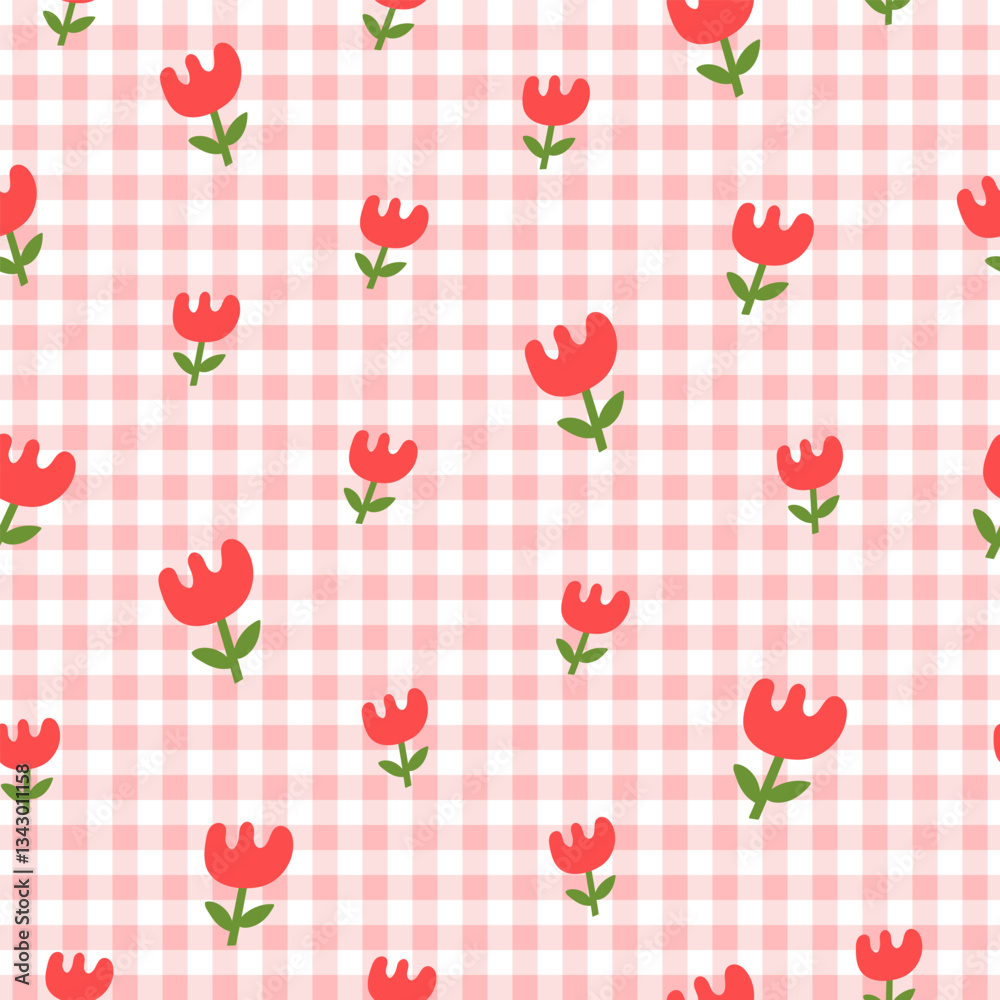 Poster cute geometric seamless pattern with hand drawn flowers on checkered background. simple groovy moder