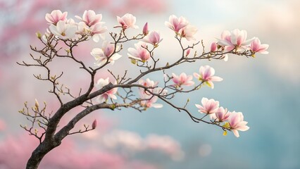 Obraz premium Magnolia Blossom Dreamscape: Delicate magnolia blossoms in full bloom adorn a gracefully curving branch, set against a soft, dreamy backdrop of pastel hues.
