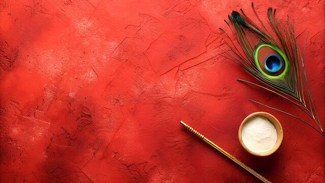  Krishna Symbolism with Peacock Feather and Flute on Red Textured Background