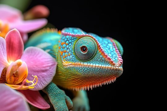 Panther chameleon orchid studio shot nature exotic
