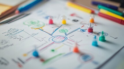 Fototapeta premium Step-by-step plan illustrated through a colorful mind map on paper created during a brainstorming session