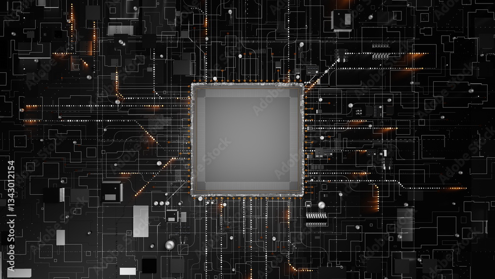 Poster visualizing a modern circuit board with a central processor surrounded by detailed electronic pathwa