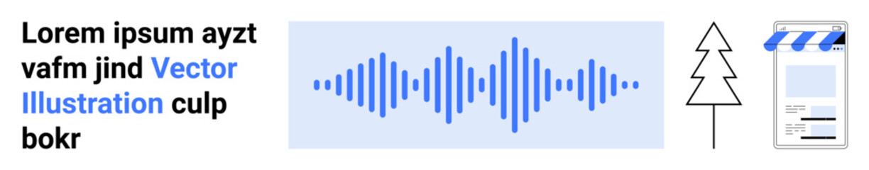Abstract blue audio waveform, geometric tree graphic, and app interface mockup. Ideal for technology, nature, design, media, apps, communication creativity and simple landing page