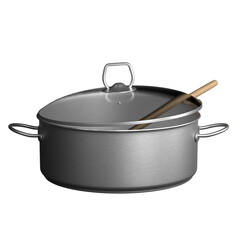 metal cooking pot with a lid rests on a smooth surface. wooden spoon is placed inside, indicating readiness for food preparation or cooking activities. 3d render