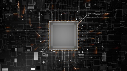 Visualizing a modern circuit board with a central processor surrounded by detailed electronic...