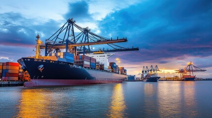 Fototapeta premium A modern freight port with massive cranes loading shipping containers onto cargo ships.