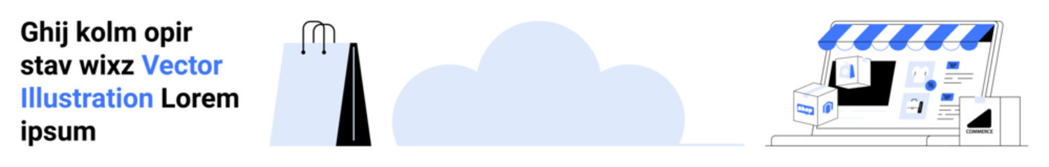 Shopping bag with cloud and storefront featuring parcels and digital content. Ideal for retail, e-commerce, logistics, cloud storage, technology, customer experience, simple landing page