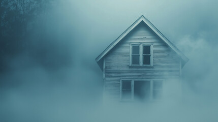 Eerie Mist-Shrouded House: An aged house, swathed in a thick, enveloping mist, creating a scene of mystery, isolation, and perhaps a touch of foreboding.