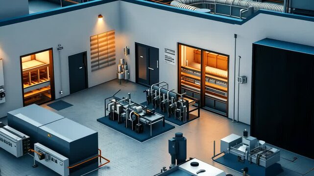 Isometric View of a Modern Industrial Facility: A Detailed 3D Render of a Clean and Efficient Manufacturing Plant